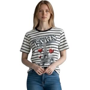 Hello Paris Embellished Tee T-Shirt Womens Size 1 (XS) White Black Stripe *See